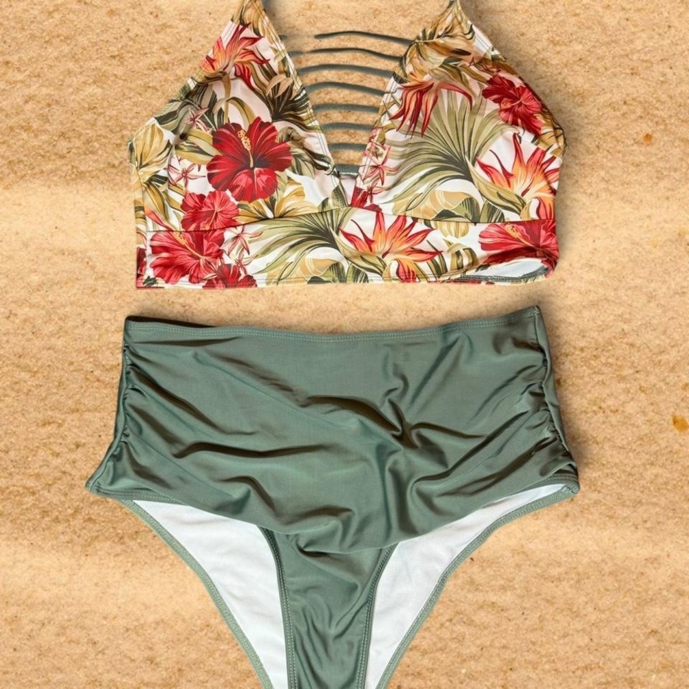 Tropical Floral High Waisted Bikini Set Olive Green Hibiscus Plus Size 1XL